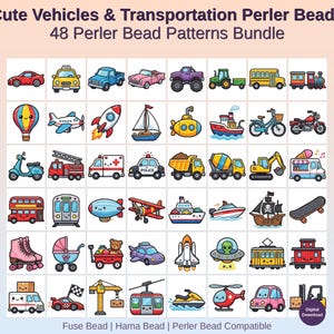 May include: A digital download featuring 48 Perler bead patterns of cute vehicles and transportation. The image includes illustrations of cars, trucks, boats, planes, trains, and other modes of transport, all in a colorful, cartoon style.