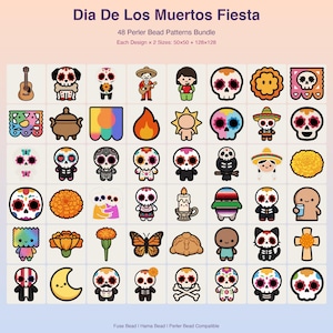 Könnte beinhalten: Ein digitales Set mit 48 Bügelperlen-Mustern mit dem Titel Dia De Los Muertos Fiesta. Das Raster zeigt verschiedene Pixel-Art-Designs, darunter Zuckerschädel, Ringelblumen, Skelette, eine Gitarre, einen Schmetterling und eine Kerze.