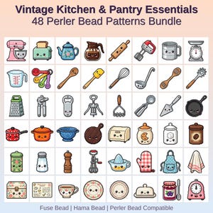 Könnte beinhalten: Eine Sammlung von 48 Perler-Perlenmustern mit Vintage-Küchen- und Speisekammer-Essentials. Das Bild zeigt verschiedene Küchenwerkzeuge, Geräte und Lebensmittel, alle in einem niedlichen, pixeligen Stil gestaltet. Der Text oben lautet "Vintage Kitchen & Pantry Essentials".
