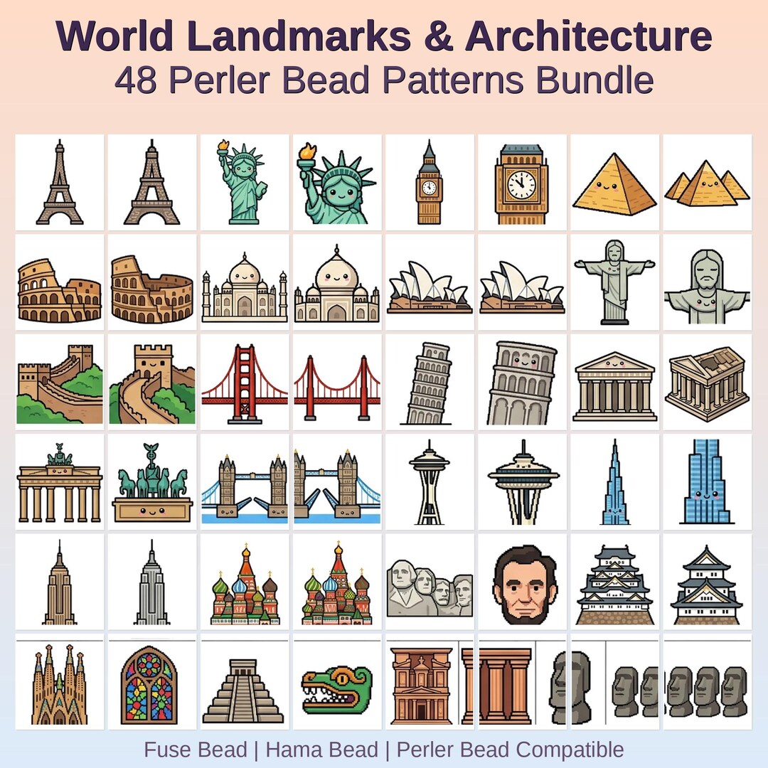 World Landmarks & Architecture Perler Bead Patterns Bundle, 48 Designs ...
