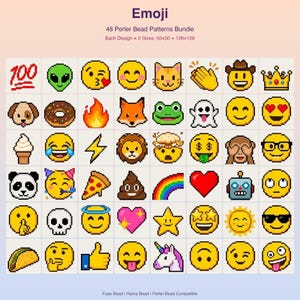May include: A digital collection of 48 pixel art emoji patterns for Perler beads, featuring icons like faces, animals, food, and symbols. The text reads Emoji, 48 Perler Bead Patterns Bundle, Each Design x 2 Sizes: 50x50 + 128x128, and Fuse Bead | Hama Bead | Perler Bead Compatible.