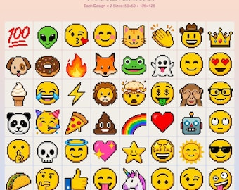 Puede incluir: Una colección digital de 48 patrones de emoji en pixel art para cuentas de planchar, con iconos de caras, animales, comida y símbolos. El texto dice Emoji, 48 Perler Bead Patterns Bundle, Each Design x 2 Sizes: 50x50 + 128x128, y Fuse Bead | Hama Bead | Perler Bead Compatible.