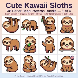 May include: A digital bundle of 48 Perler bead patterns titled Cute Kawaii Sloths, 1 of 4. The image displays 12 pixel art sloth designs in various poses, including hanging from branches, sitting, and waving, rendered in shades of brown and tan.