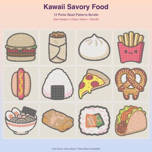 May include: A digital collection of 12 Kawaii Savory Food Perler Bead Patterns. The grid displays illustrations of a burger, burrito, dumpling, fries, hot dog, onigiri, pizza slice, pretzel, ramen bowl, spring roll, sushi, and taco.