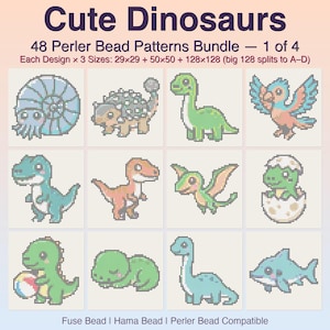 May include: A digital collection titled Cute Dinosaurs 48 Perler Bead Patterns Bundle 1 of 4. It displays twelve pixel art dinosaur designs in various colours including green, blue, and orange, compatible with fuse, Hama, and Perler beads.