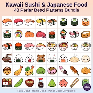 Kawaii Sushi Japanese Food Perler Bead Patterns Bundle, 48 Designs (PDF Digital Download)