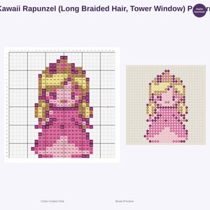 Puede incluir: Un patr&oacute;n de punto de cruz digital con un dise&ntilde;o de Rapunzel Kawaii con cabello largo trenzado. El patr&oacute;n est&aacute; codificado por colores en una cuadr&iacute;cula, con una vista previa de las cuentas. El dise&ntilde;o incluye una ventana de torre.