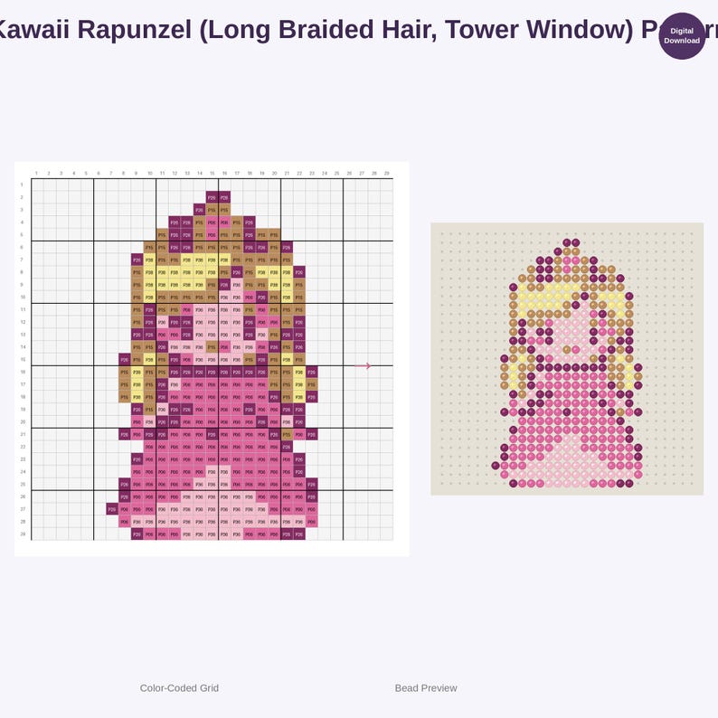 Puede incluir: Un patr&oacute;n de punto de cruz digital con un dise&ntilde;o de Rapunzel Kawaii con cabello largo trenzado. El patr&oacute;n est&aacute; codificado por colores en una cuadr&iacute;cula, con una vista previa de las cuentas. El dise&ntilde;o incluye una ventana de torre.