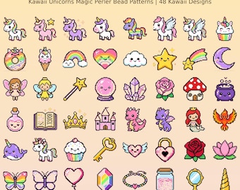 Patrones mágicos de unicornios Kawaii para hacer con cuentas Perler / 48 diseños (Descarga en PDF)