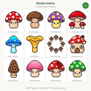 May include: A digital download featuring 12 Perler bead patterns of cute, pixelated mushrooms. Designs include red, brown, purple, and blue toadstools, a chanterelle, and a mushroom house. The text at the top reads "Mushrooms" and "12 Perler Bead Patterns".