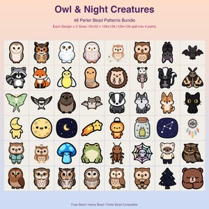 Peut inclure: Une collection numérique de 48 modèles de perles à repasser intitulée Owl & Night Creatures. La grille présente divers animaux, insectes et icônes célestes de style dessin animé, dont des hiboux, un raton laveur, un renard et un champignon.