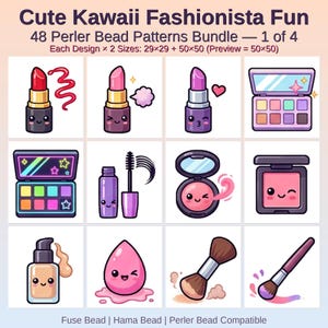 Puede incluir: Una colección digital titulada Cute Kawaii Fashionista Fun 48 Perler Bead Patterns Bundle 1 of 4. La cuadrícula muestra doce ilustraciones de artículos de maquillaje con caras, incluyendo labiales, paletas, rímel y brochas.