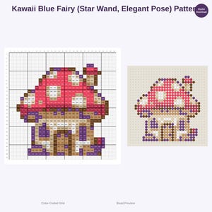 Puede incluir: Un patr&oacute;n de punto de cruz con un dise&ntilde;o de hongo en tonos rosa, marr&oacute;n y morado. El patr&oacute;n se muestra en una cuadr&iacute;cula, con una peque&ntilde;a vista previa de las cuentas. El texto de la imagen dice "Kawaii Blue Fairy (Star Wand, Elegant Pose) Pattern".