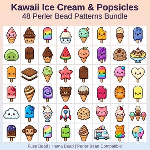 May include: A grid of 48 pixelated ice cream and popsicle designs in various colors and shapes. The image includes text that reads "Kawaii Ice Cream & Popsicles" and "48 Perler Bead Patterns Bundle". The bottom of the image says "Fuse Bead | Hama Bead | Perler Bead Compatible".