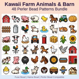 May include: A collection of 48 pixelated farm animal and barn designs, such as a red barn, cow, pig, sheep, duck, horse, tractor, and hay bale. The text "Kawaii Farm Animals & Barn" and "48 Perler Bead Patterns Bundle" is at the top.