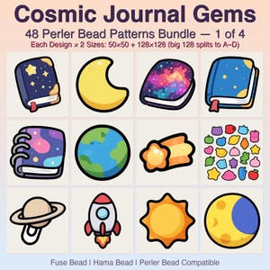 Cosmic Journal Gems Perler Bead Patterns, 48 Designs x 2 Grid Sizes (50x50 + 128x128), Fuse Bead PDF Digital Download