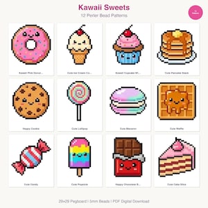 May include: A digital download featuring 12 Kawaii Sweets Perler bead patterns. The patterns include a pink donut, ice cream cone, cupcake, pancake stack, cookie, lollipop, macaron, waffle, candy, popsicle, chocolate bar, and cake slice. The text reads "Kawaii Sweets".