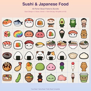 May include: A digital collection of 48 Sushi & Japanese Food Perler Bead Patterns. The grid displays various kawaii-style food icons including sushi rolls, nigiri, ramen bowls, onigiri, dumplings, and bento boxes with text labels.