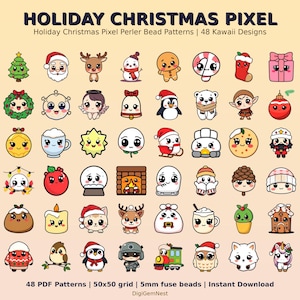 Julpärlmönster med pixelpärlor | 48 kawaii-designer (PDF-nedladdning)