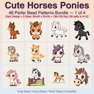 以下が含まれることがあります： かわいい馬とポニーのアイロンビーズ図案48種類セット。テキストには「Cute Horses Ponies 48 Perler Bead Patterns Bundle 1 of 4」とあり、デザインサイズは29x29、50x50、128x128です。様々なポニーのイラストが含まれています。