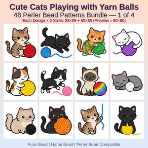 Może przedstawiać: Cyfrowy zestaw 48 wzorów koralików do prasowania zatytułowany Cute Cats Playing with Yarn Balls, 1 of 4. Obraz przedstawia 12 wzorów kotów w stylu pixel art w różnych kolorach bawiących się kłębkami włóczki, z informacją o dwóch rozmiarach: 29x29 i 50x50.