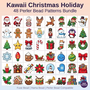 Op de afbeelding: Een digitale download met 48 Kawaii Christmas Holiday Perler kralenpatronen. De afbeelding toont een raster van kleurrijke, feestelijke ontwerpen, waaronder de kerstman, elfen, rendieren, ornamenten en een peperkoekhuisje. De patronen zijn compatibel met Fuse, Hama en Perler kralen.