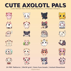 May include: A digital print showcasing 24 kawaii axolotl designs in diverse colours and poses. The text reads "CUTE AXOLOTL PALS" and "Cute Axolotl Pals Perler Bead Patterns | 24 Kawaii Designs". Includes 24 PDF patterns, a 50x50 grid, and 5mm fuse beads.