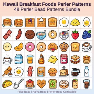 Può includere: Una collezione di 48 modelli di perline Perler per la colazione Kawaii. I modelli includono pancake, waffle, uova, pancetta, ciambelle, toast, caffè e altro. Il testo in alto recita "Kawaii Breakfast Foods Perler Patterns" e "48 Perler Bead Patterns Bundle".