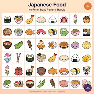 Japanisches Essen Bügelperlen Muster-Bundle, 48 Designs (PDF Digitaler Download)