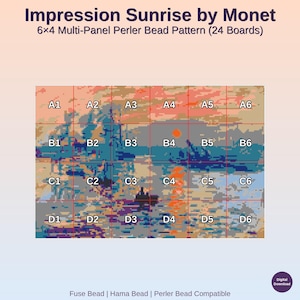 May include: A multi-panel Perler bead pattern of Monet's "Impression, Sunrise." The design is split into 24 sections, with a grid of letters and numbers. The color scheme includes orange, blue, and grey, representing a sunrise over water.