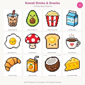 May include: A grid of 12 pixel art designs of kawaii drinks and snacks. Designs include bubble tea, avocado, popcorn, milk carton, fried egg, mushroom, toast, coffee cup, croissant, juice box, coconut, and cheese wedge. Text reads "Kawaii Drinks & Snacks" and "12 Perler Bead Patterns."