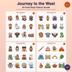 Puede incluir: Una descarga digital con 48 patrones de cuentas Perler inspirados en "Journey to the West". Los patrones se dividen en Personajes Principales, Villanos y Demonios, Dioses y Celestiales, y Objetos Legendarios. La imagen incluye el texto "Journey to the West."