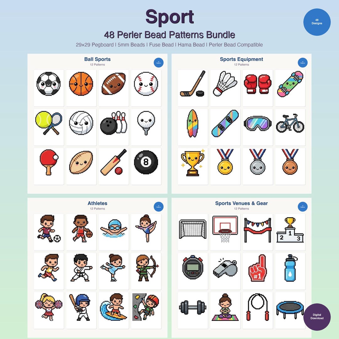 48 Sport Perler Bead Patterns Bundle, Ball Sports, Athletes, Gear