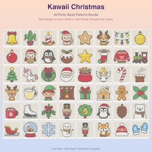 May include: A digital collection titled Kawaii Christmas featuring 48 Perler bead patterns. The grid displays pixel art icons including a bell, cactus, candle, cat, star, dog, lights, ornament, owl, penguin, pudding, stocking, sweater, train, tree, unicorn, wreath, Santa, sack, angel, candy cane, chimney, reindeer, mug, elf, fireplace, gift, house, gingerbread man, holly, cocoa, skate, mistletoe, nutcracker, tree, penguin, pinecone, bear, sleigh, snow globe, snowflake, snowman, nutcracker, fox, hat, and mittens.