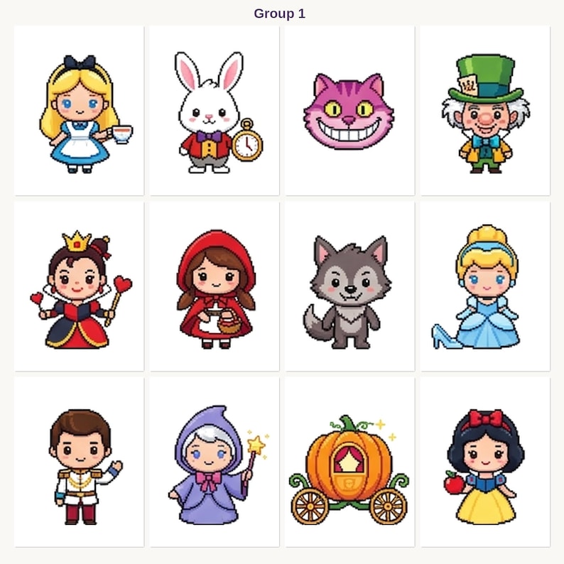 Puede incluir: Doce ilustraciones de dibujos animados con personajes de cuentos de hadas y cuentos infantiles. Los personajes incluyen a Alicia en el Pa&iacute;s de las Maravillas, el Conejo Blanco, el Gato de Cheshire, el Sombrerero Loco, la Reina de Corazones, Caperucita Roja, un lobo, Cenicienta, un pr&iacute;ncipe, un hada, una carroza de calabaza y Blancanieves.