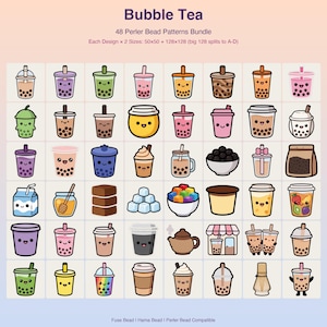 Może przedstawiać: Cyfrowa kolekcja 48 wzorów koralików do prasowania z motywem bubble tea, zawierająca różne kolorowe napoje i perły tapioki. Tekst głosi Bubble Tea, 48 Perler Bead Patterns Bundle, Each Design x 2 Sizes: 50x50 + 128x128, Fuse Bead | Hama Bead | Perler Bead Compatible.