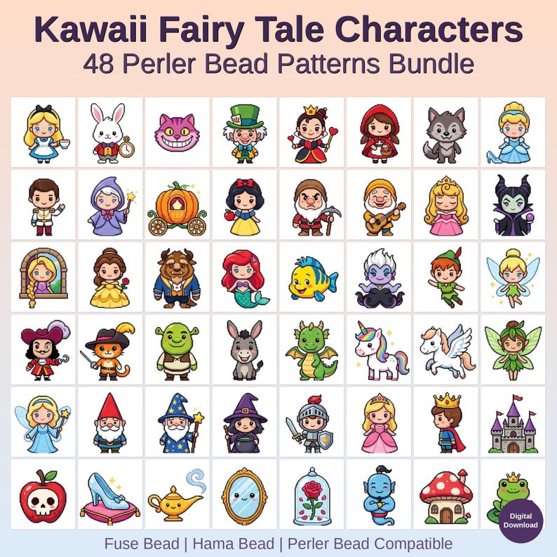 Puede incluir: Un paquete digital de 48 patrones de cuentas fusibles Kawaii Fairy Tale Characters con ilustraciones coloridas de varias figuras, animales y objetos. El texto dice Kawaii Fairy Tale Characters 48 Perler Bead Patterns Bundle.