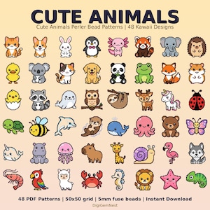 May include: A digital collection of 48 pixel art animal patterns titled CUTE ANIMALS. The grid features various creatures including a cat, dog, penguin, panda, and unicorn. Text includes 48 PDF Patterns, 50x50 grid, 5mm fuse beads, and Instant Download.