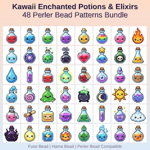 May include: A grid of 48 pixelated potion and elixir designs in various colors and shapes. Each bottle has a cork and contains different magical elements, including hearts, stars, and flames. Text at the top reads "Kawaii Enchanted Potions & Elixirs" and "48 Perler Bead Patterns Bundle."