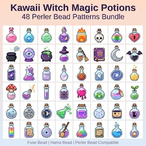 May include: A collection of 48 pixel art potion bottle designs in various colors and shapes. The image includes text that reads "Kawaii Witch Magic Potions" and "48 Perler Bead Patterns Bundle". The designs are compatible with Fuse, Hama, and Perler beads.