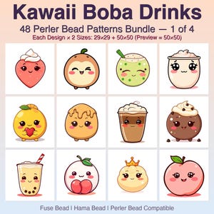 May include: A digital collection titled Kawaii Boba Drinks 48 Perler Bead Patterns Bundle 1 of 4. The image displays twelve individual illustrations of stylized, anthropomorphic food and drink characters with faces, arranged in a grid format.