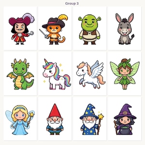 Puede incluir: Doce ilustraciones de dibujos animados de personajes de fantas&iacute;a, incluyendo un pirata, un gato, Shrek, un burro, un drag&oacute;n, un unicornio, un pegaso, un hada, un gnomo, un mago y una bruja. Cada personaje se representa sobre un fondo blanco, con la etiqueta 'Grupo 3'.
