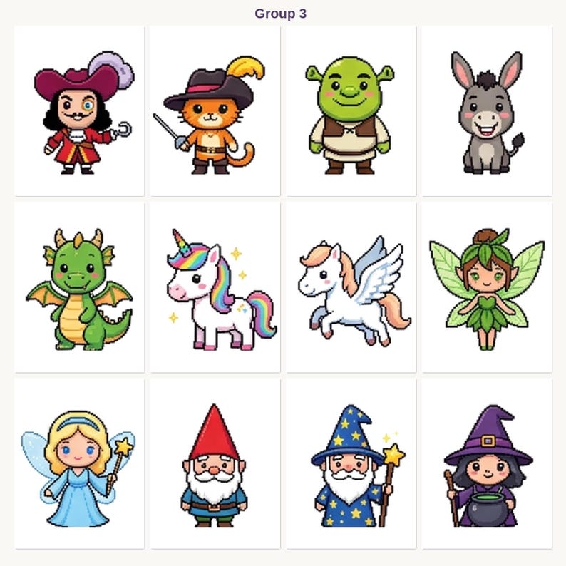 Puede incluir: Doce ilustraciones de dibujos animados de personajes de fantas&iacute;a, incluyendo un pirata, un gato, Shrek, un burro, un drag&oacute;n, un unicornio, un pegaso, un hada, un gnomo, un mago y una bruja. Cada personaje se representa sobre un fondo blanco, con la etiqueta 'Grupo 3'.