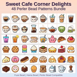 Op de afbeelding: Een afbeelding met 48 Perler kralenpatronen met een caféthema. De ontwerpen omvatten koffiekopjes, theepotten en diverse gebakjes. De tekst bovenaan luidt "Sweet Cafe Corner Delights" en "48 Perler Bead Patterns Bundle".