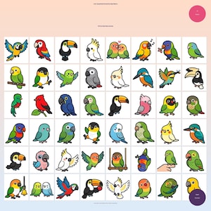 Op de afbeelding: Een verzameling kleurrijke cartoonvogelillustraties, waaronder papegaaien, toekans en kaketoes. Elke vogel wordt afgebeeld in een unieke pose met levendige kleuren en duidelijke patronen. Geschikt voor digitale kunst of print.