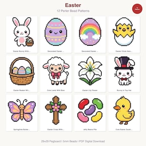 May include: A digital download featuring 12 Perler bead patterns with an Easter theme. Designs include a bunny, decorated eggs, a chick hatching, a basket, a lamb, a lily, a bunny in a top hat, a butterfly, a cross, jelly beans, and a duckling.