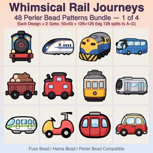 May include: A digital collection titled Whimsical Rail Journeys 48 Perler Bead Patterns Bundle 1 of 4 featuring twelve colorful illustrations of trains, buses, and transport vehicles designed for fuse, Hama, and Perler bead crafting projects.