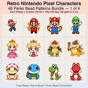 Op de afbeelding: Een digitale collectie van 48 Retro Nintendo Pixel Characters Perler Bead Patterns Bundle 1 of 4. De afbeelding toont 12 kleurrijke karakterillustraties waaronder Mario, Luigi, Princess Peach, Bowser en Yoshi, met tekst over de afmetingen.