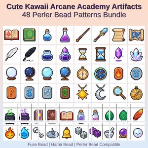 May include: A collection of 48 pixel art patterns for Perler beads, featuring cute kawaii arcane academy artifacts. The image includes various designs such as books, potions, wands, crystals, globes, compasses, and other magical items. The text reads "Cute Kawaii Arcane Academy Artifacts".