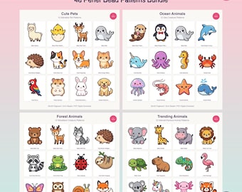 May include: A digital bundle of 48 Perler bead patterns titled Cute Animals, featuring four grids of pixel-art style illustrations including pets, ocean creatures, forest animals, and trending animals with labels for each design.